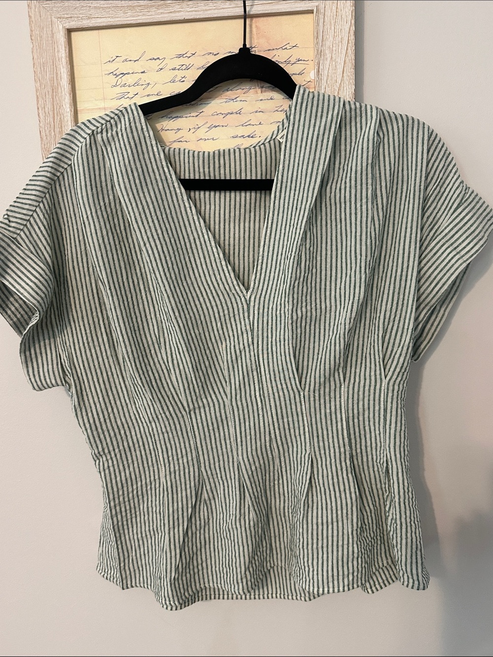 Max studio Striped V-Neck Short Sleeve Top - Green/White NWT